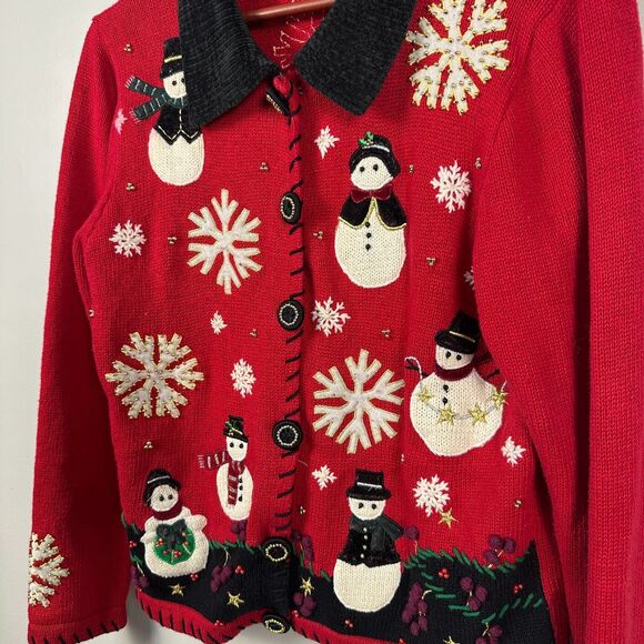 Vintage Studio Fa La Womens Small Holiday Cardigan Sweater Snowman Winter - Picture 2 of 5